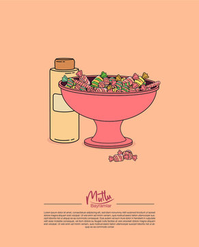 a pink bowl with colorful candies and a bottle of eau de cologne which are the main offerings to the guests during ramadan feast and feast of sacrifice and a text saying ' have a happy feast'