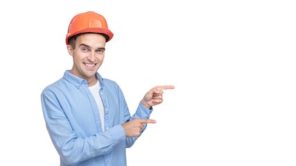 Builder in helmet, man shows copy space, isolated background, 16:9