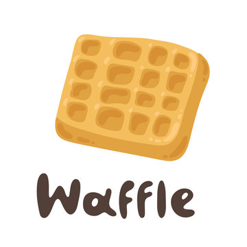 Tasty Belgian Waffle. Lovely breakfast waffle. Flour products, vector stock illustration. Viennese waffles cute cartoon icon. Clipart image with doodle text