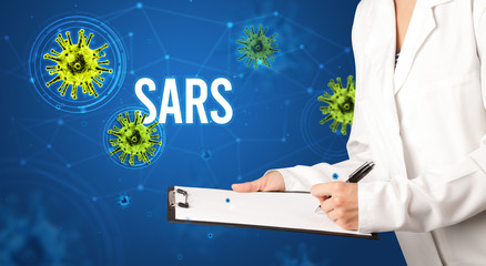 doctor prescribes a prescription with SARS inscription, pandemic concept