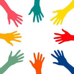 Colorful hands raised isolated vector illustration. Help and charity, volunteering, community support and social care concepts, concept of teamwork, partnership