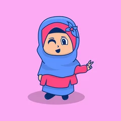 Fototapeten cute enjoy moslem woman kids character mascot © Tio