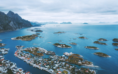 Aerial view of Henningsvaer village in Norway Lofoten islands travel destinations drone nature landscape