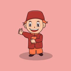 cute moslem man kids and book character mascot
