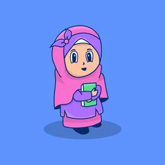 Fototapeten cute moslem woman kids and bring book character mascot © Tio