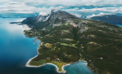 Aerial view Sandhornoya island in Norway mountains and ocean drone landscape scandinavian nature wilderness top down summer season scenery