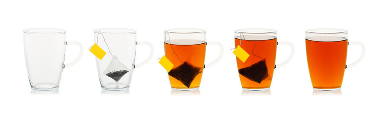 Brewing tea. Glasses empty, with a bag, with tea. Isolated on a white background.