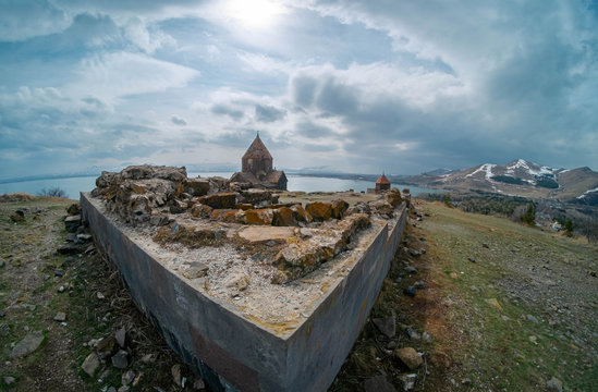 The monastic complex Sevanavank on a peninsula at the northwestern shore of Lake Sevan in Armenia