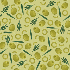 Vector, seamless pattern olives, leaves. Colorful, cartoon background.