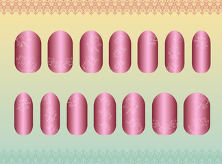 Vector nail stickers, templates, flowers contour, mehendi, pattern. Pink and white stickers. Designer manicure set. Can be used for false nail tips and stickers.