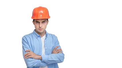 Attractive constructor in helmet, isolated background, copy space, 16:9