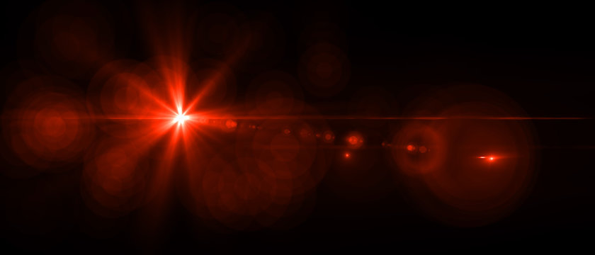 Lens flare red light over black background. Easy to add overlay or screen filter over your photos