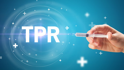 Syringe needle with virus vaccine and TPR abbreviation, antidote concept