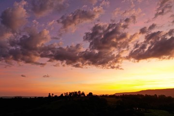 Aerial view of dramatic sky in the ranch. Rural life scene. Countryside landscape. 