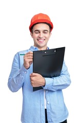 Constructor in helmet smiles, man holding a notepad, takes notes, isolated background, vertical