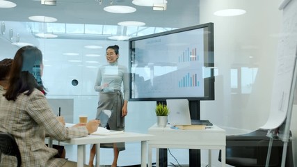 Asian business lady speaking to group of people in boardroom using digital whiteboard making presentation. Modern technology and businesspeople concept. - Powered by Adobe