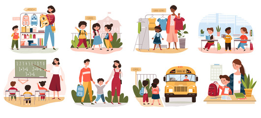 Eight different back to School scenarios showing parents, school kids, teachers, classroom and the school bus, colored vector illustration