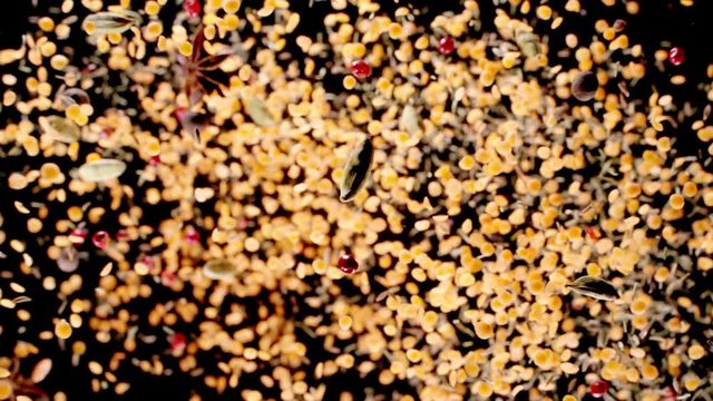 Lentil, star anise, pepper and cumin colliding on black background. Slow motion 
