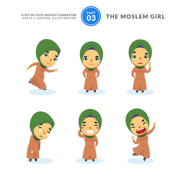 Vector set of cartoon images of Moslem Girl. Third Set. Isolated Vector Illustration