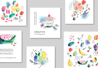 Set of Card Layouts with Fruits and Dessert Illustrations