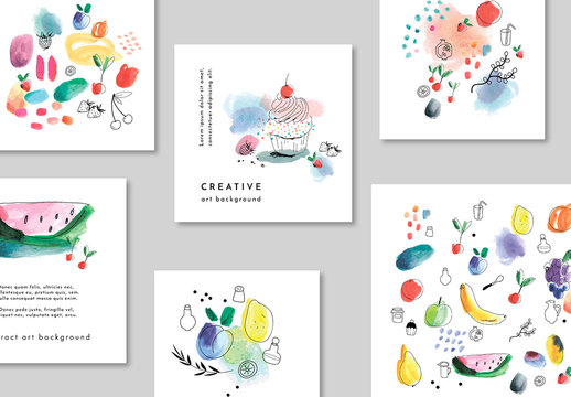 Set of Card Layouts with Fruits and Dessert Illustrations