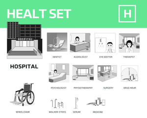 an illustration set of people, places and objects related to health sector