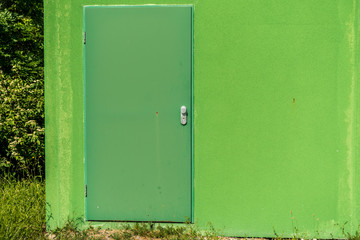 Grüne Eingangstür an grüner Wand