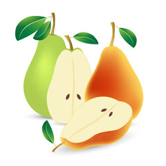 Obraz premium Still life of green and red pears. Whole and halves with green leaves. Balanced composition. Design element for print and web.