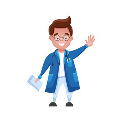 Cheerful male doctor. Spot Image illustration of smiling doctor with stethoscope. Medic man doctor avatar in a flat cartoon style isolated on white background. Vector illustration