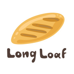 Flour product, long loaf. Loaf of wheat bread. Vector flat design, clipart object. Isolated illustration on white background with text in modern style. Bakery bread icon, doodle style.