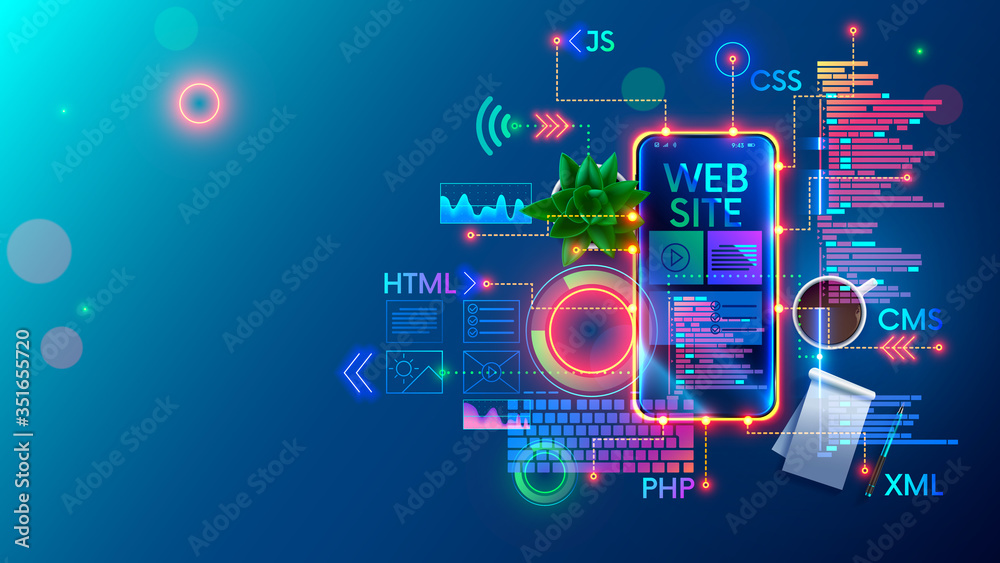 Aufkleber Mobile Website development technology conceptual illustration. Design of internet pages of layout site on screen phone. Programming software of smartphone apps and webpages. Web coding Banner Concept.