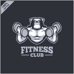 Dog with strong body, fitness club or gym logo. Design element for company logo, label, emblem, apparel or other merchandise. Scalable and editable Vector illustration