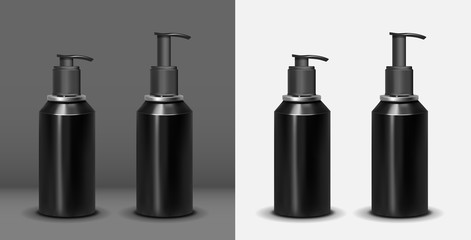 Vector realistic hand sanitizer. Black plastic  bottle with pump