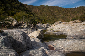 Amazing Natural View of " Boca de la Sierra" Miraflores Mexican town. Big Rocks with rain filtered water, Natural pools