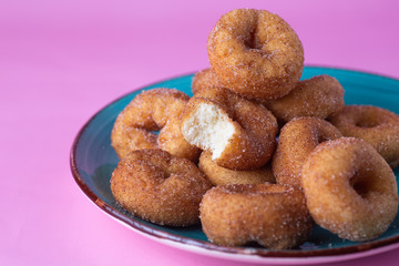 Cinnamon Sugar Mini Donuts on a teal plate