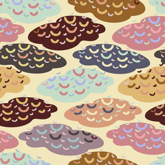 Seamless vector colorful pattern of cute cartoon light raining clouds in pastel tones. The design is perfect for backgrounds, sheets, wallpapers, wrapping paper, decorations, surfaces, textiles.