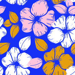 Seamless pattern with vector orange, pink, white flowers and leaves on a blue background.Floral ornament  for textile, fabric, wrapping paper and other materials.