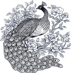 Fototapeta na wymiar Vector Ink Peacock Flowers Illustration