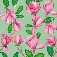 Seamless pattern with pink magnolias. Watercolor spring elegant flowers.