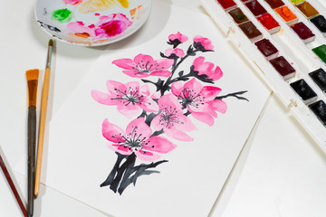 Watercolor drawing branch of blooming sakura with pink flowers