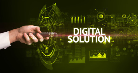 hand holding wireless peripheral with DIGITAL SOLUTION inscription, modern technology concept