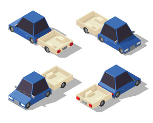 Isometric cartoon car with trailer.