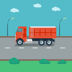 Red truck on the road side view. Vector illustration.