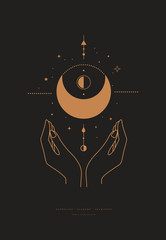 Obraz premium Magic mystical composition with crescent, stars, and hands a dark background. Boho style and esoterics. Ethnic magic and astrological symbols. Vector illustration.