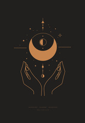 Magic mystical composition with crescent, stars, and hands a dark background. Boho style and esoterics. Ethnic magic and astrological symbols. Vector illustration.