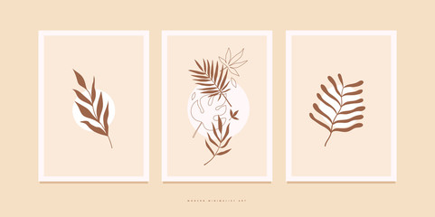 Set of posters with various exotic palm leaves for home decor, greeting card designs, invitation. Botanical vector illustration on light background. Minimalistic floral image for environmental design.