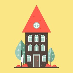 Cute dwelling house with trees and bushes. Bright colors. Isolated vector illustration in a flat style. Sweet home