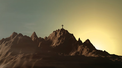 Silhouette of the cross over the sunset on mountain top 3d rendering. stations of the cross