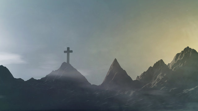 Silhouette of the cross over the sunset on mountain top 3d rendering. stations of the cross