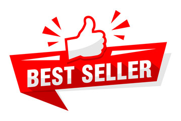 Advertising sticker best seller with red thumb up. Illustration, vector